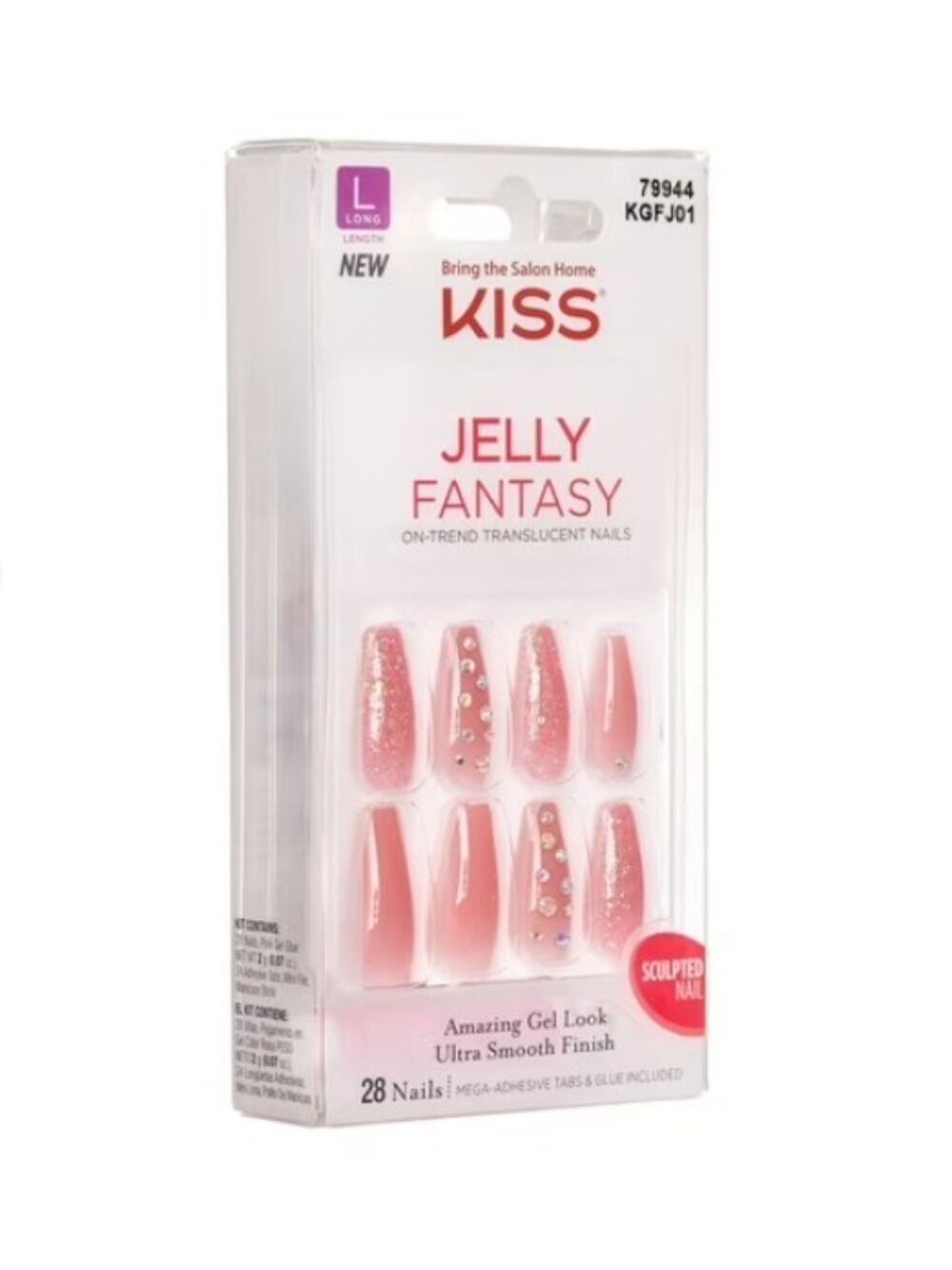 KISS Jelly Fantasy Long Pink Coffin Nails – 28 Count w/ Jeweled Accents - Picture 9 of 13